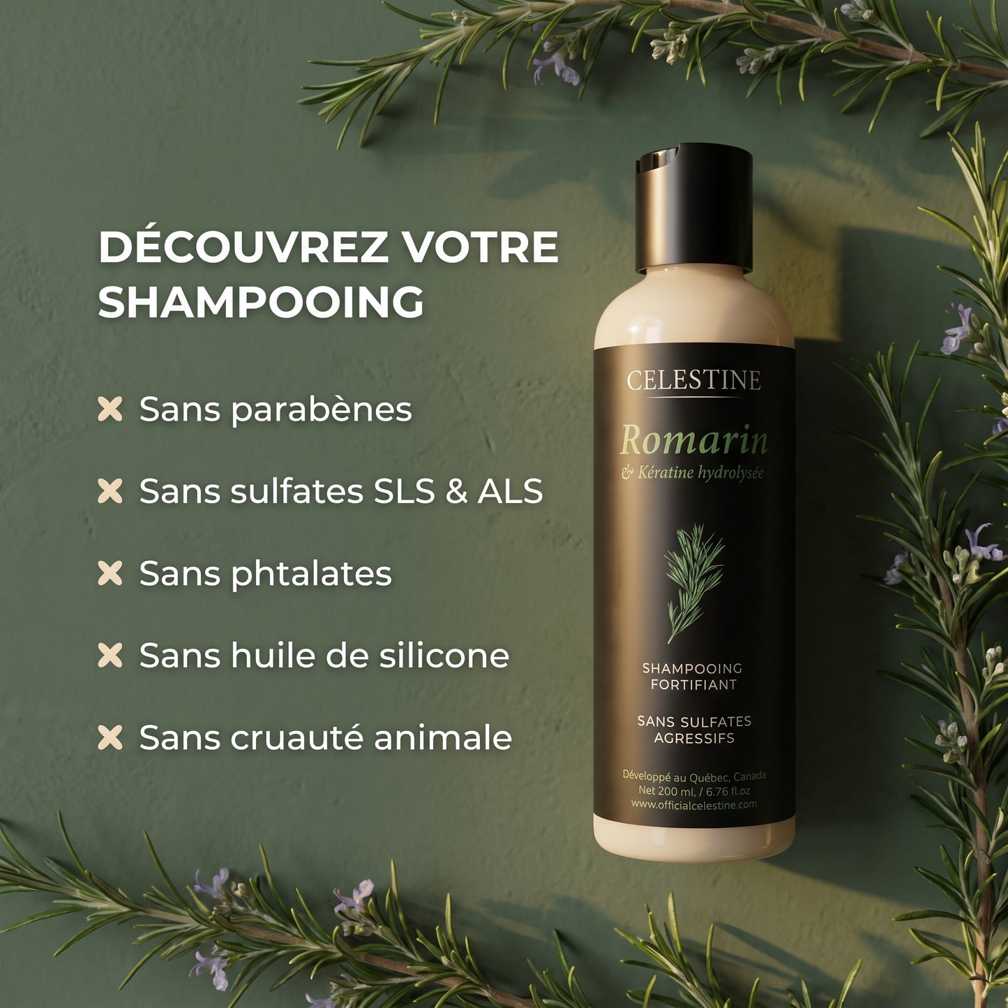 SHAMPOING NATUREL AU ROMARIN ET À LA KÉRATINE — POUR DES CHEVEUX PLUS ÉPAIS ET PLUS VOLUMINEUX