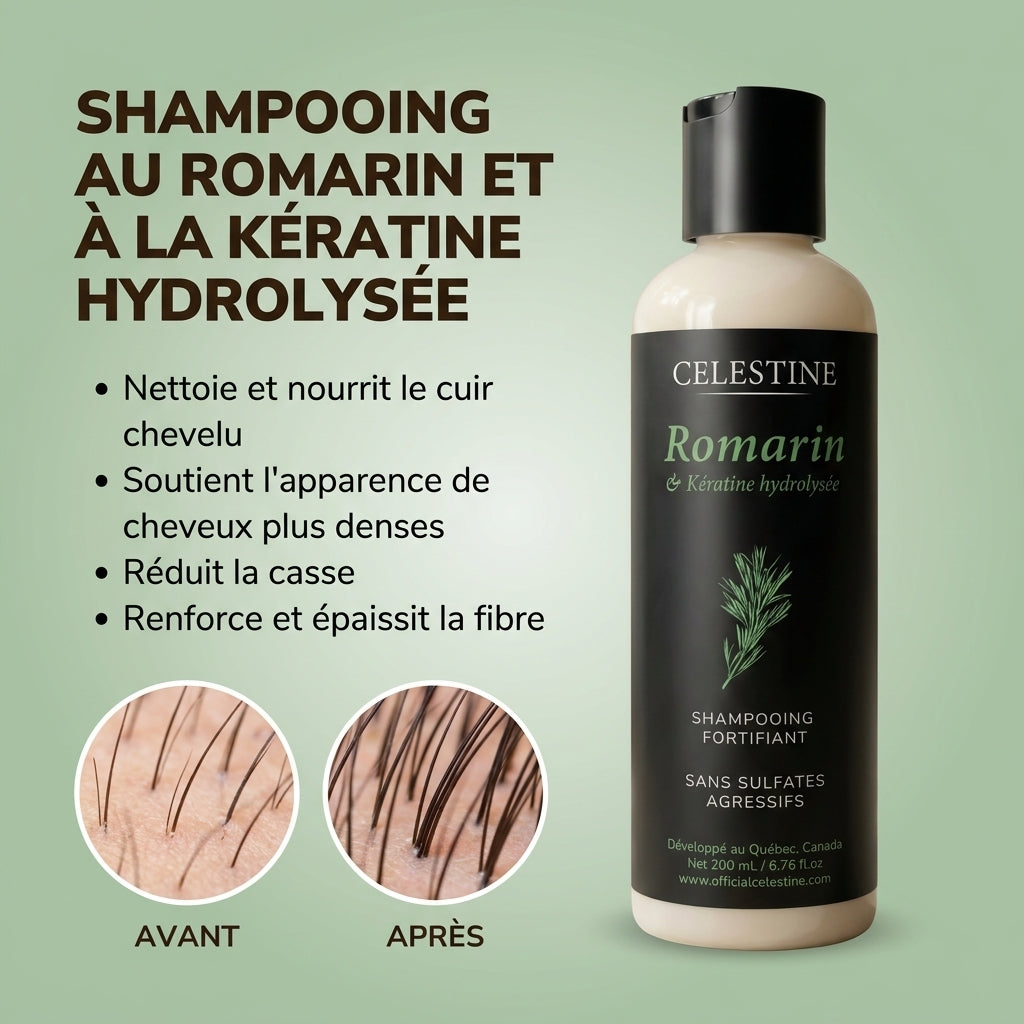 SHAMPOING NATUREL AU ROMARIN ET À LA KÉRATINE — POUR DES CHEVEUX PLUS ÉPAIS ET PLUS VOLUMINEUX