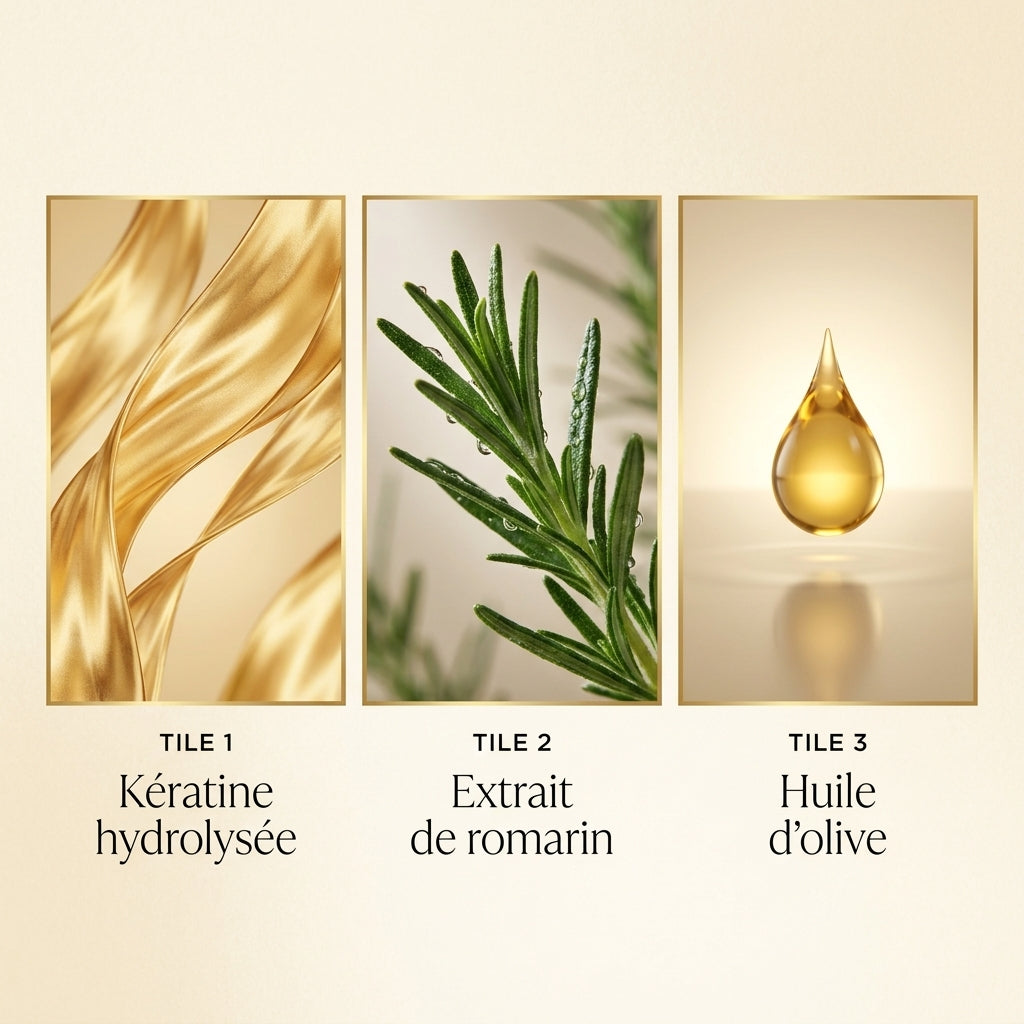 Kératine hydrolysée, extrait de romarin et huile d'olive