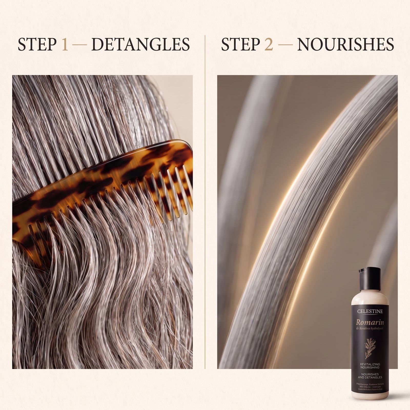 The two-step mechanism: the comb glides through, keratin nourishes the fibre