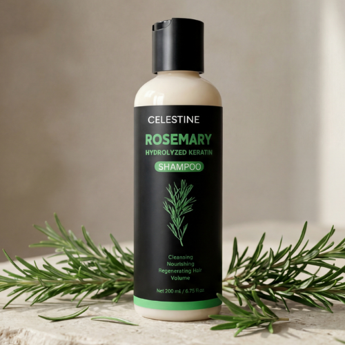 Organic rosemary shampoo bottle with natural ingredients