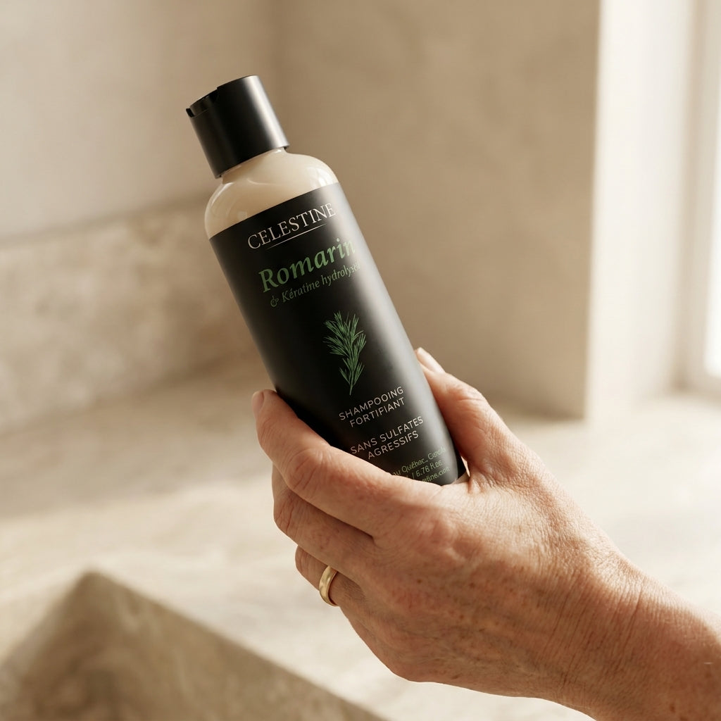 Celestine natural rosemary shampoo on marble with a rosemary sprig