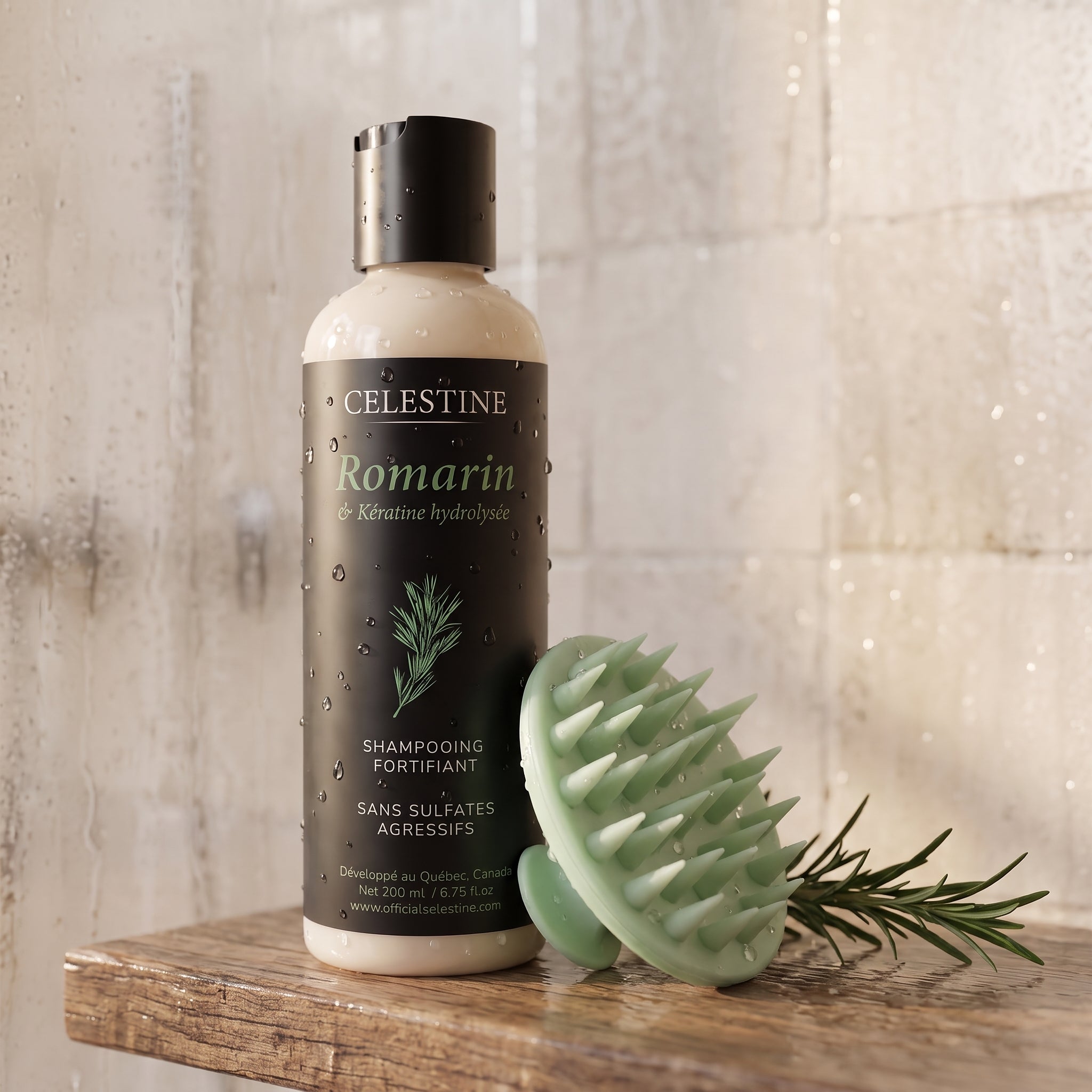 Shampoing au romarin Célestine et masseur de cuir chevelu